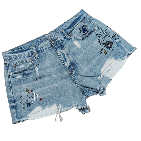 American Eagle Outfitters Pants - American Eagle Outfitters Vintage High Rise Distressed Graffiti Denim Shorts